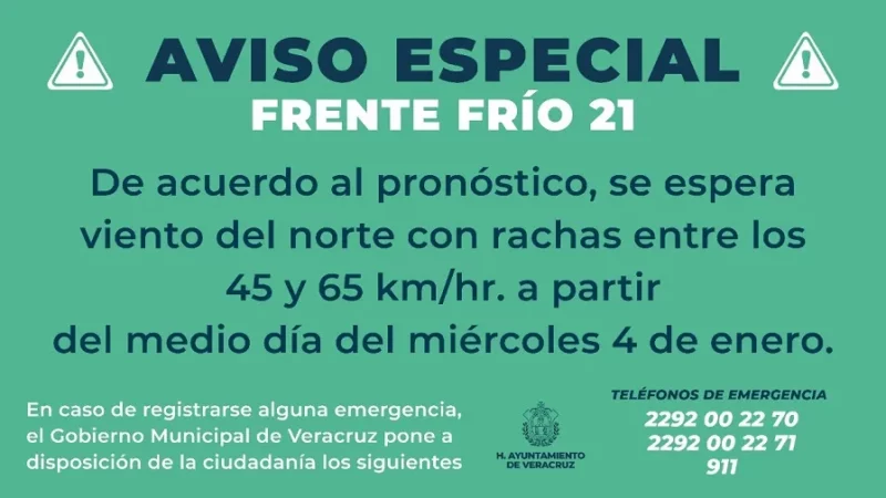 Aviso Especial por Frente Frío No. 21 en el Puerto de Veracruz