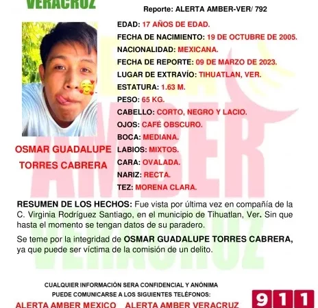 Alerta Amber por joven desaparecido en Tihuatlán.
