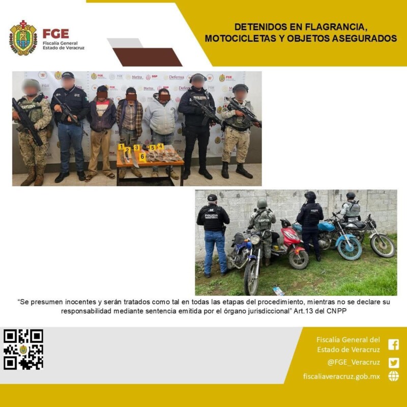 Tres personas detenidas, motocicletas y objetos asegurados en operativo de cateo con fuerzas federales y estatales en jalacingo
