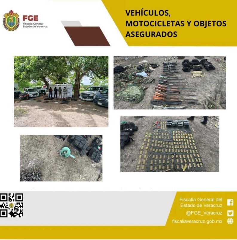 Vehículos, motocicletas y objetos asegurados en operativo de cateo con fuerzas federales y estatales en Ignacio de la Llave